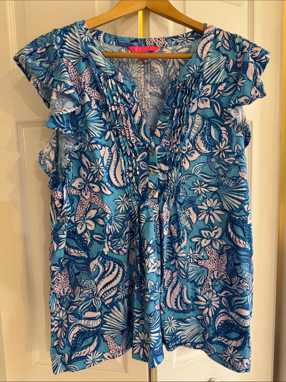 NWOT Lilly Pulitzer XL Golda Amalfi Blue Sound The Sirens Ruffle Sleeve Blouse